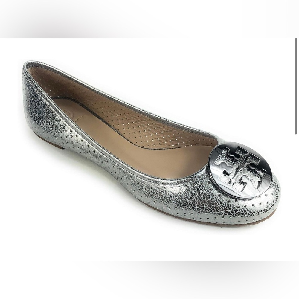 Tory Burch Perforated Reva Pewter Ballet Flats Size US 9 9.5